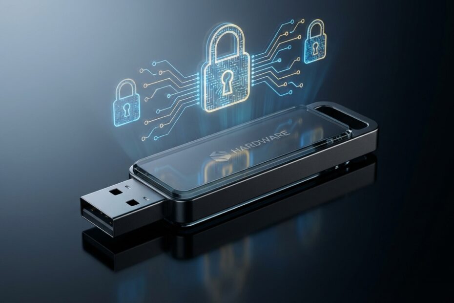 Hardware wallet moderna sobre superfície escura com elementos gráficos de segurança digital ao fundo