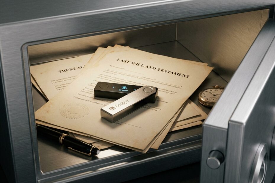 Hardware wallet de Bitcoin sobre documentos de planejamento sucessório em um cofre