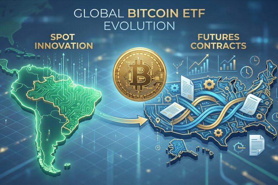 Ilustração comparativa entre o mercado de ETFs de Bitcoin no Brasil e os contratos futuros nos EUA