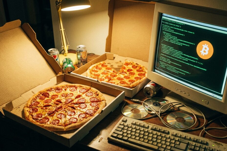 Duas pizzas de pepperoni sobre uma mesa ao lado de um computador com código Bitcoin na tela
