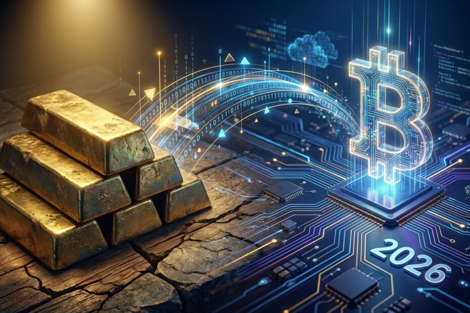 Comparação visual entre barras de ouro e Bitcoin representando a evolução da reserva de valor.