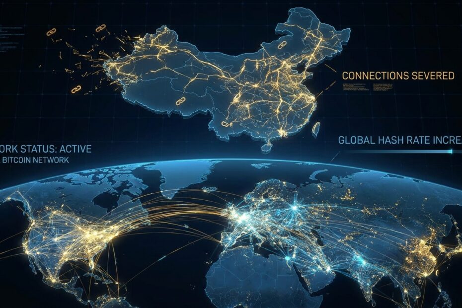 Ilustração conceitual da migração de mineradores de Bitcoin saindo da China para o mundo