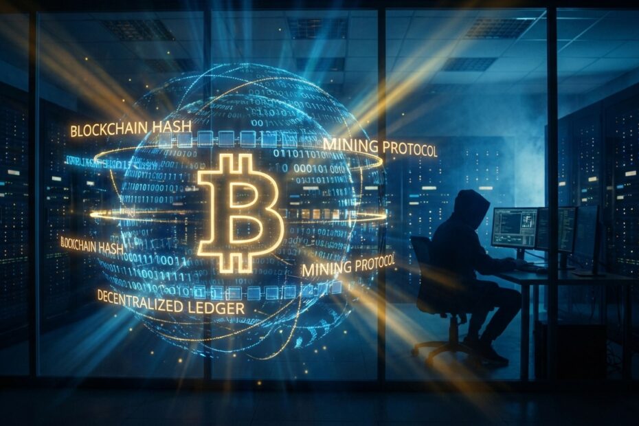 Ilustração representativa da história do Bitcoin e a silhueta misteriosa de Satoshi Nakamoto