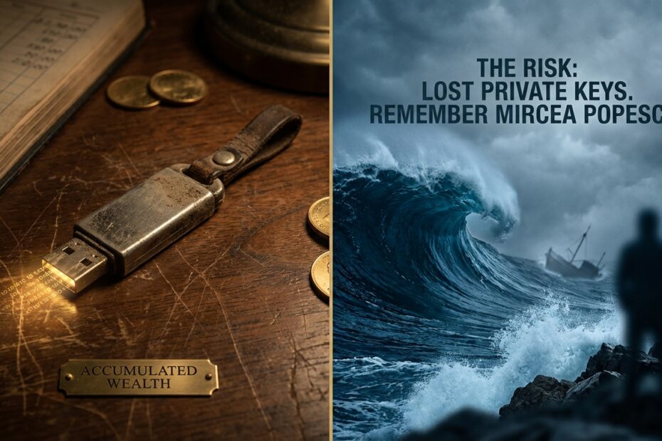 Pen drive com brilho digital dourado contrastando com ondas do mar revolto representando riscos e recompensas do Bitcoin.