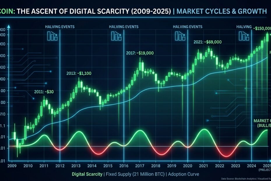 Gráfico de evolução do preço do Bitcoin e histórico de ATH de 2009 a 2025