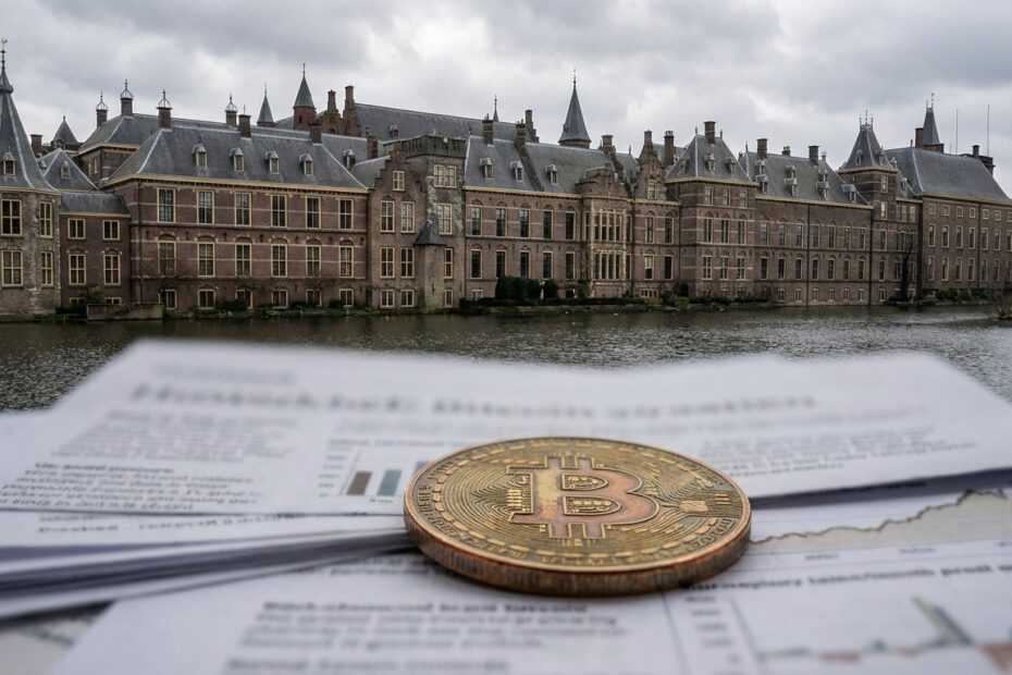 Fachada do parlamento holandês com moeda digital em primeiro plano simbolizando nova tributação