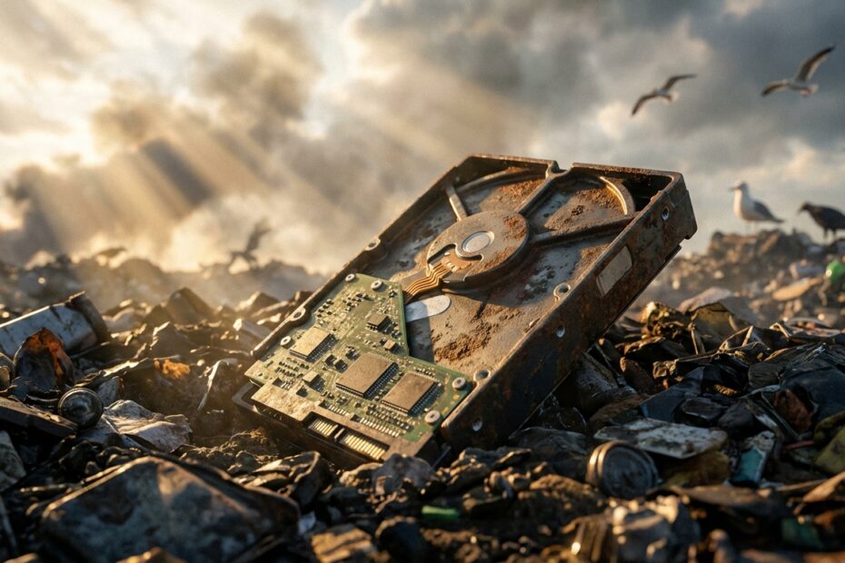 Disco rígido de computador soterrado em meio a lixo em um aterro sanitário representando a perda de bitcoins.