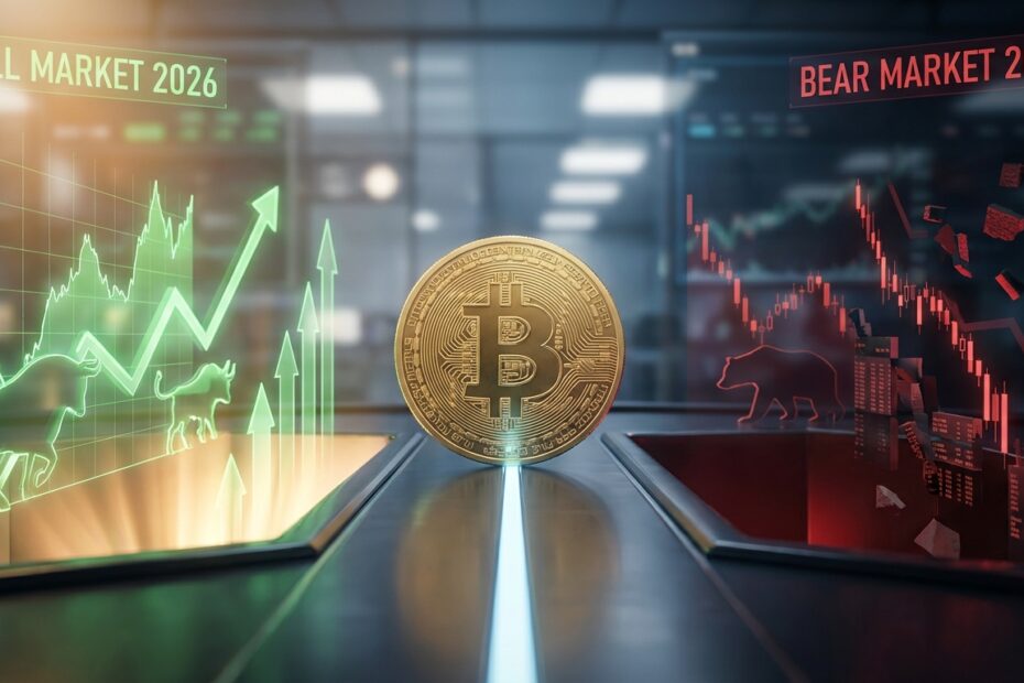 Bitcoin dourado em equilíbrio entre gráficos de alta e baixa representando o dilema de investimento em 2026