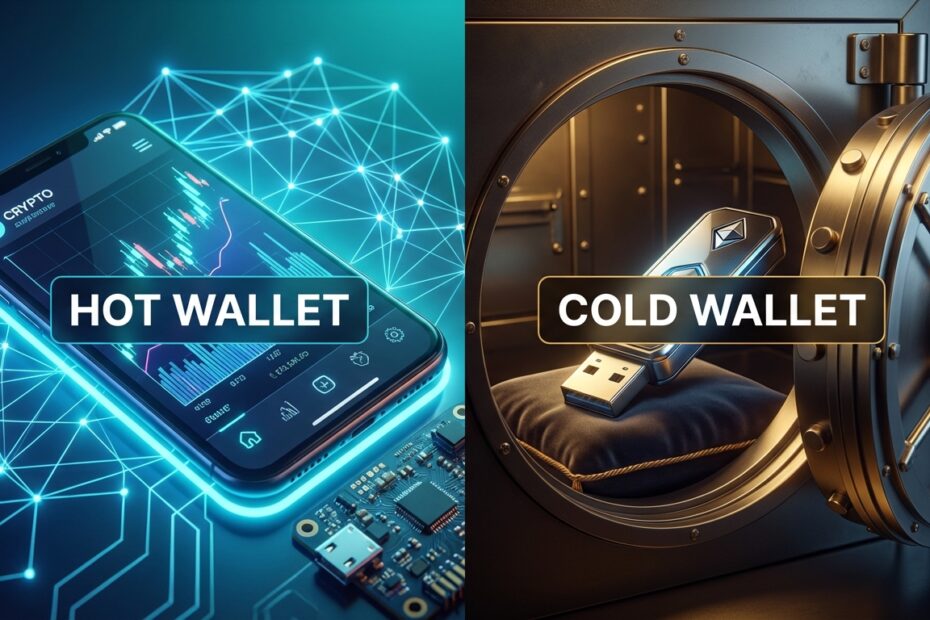 Comparativo visual entre carteira digital online (hot wallet) e dispositivo físico offline (cold wallet)