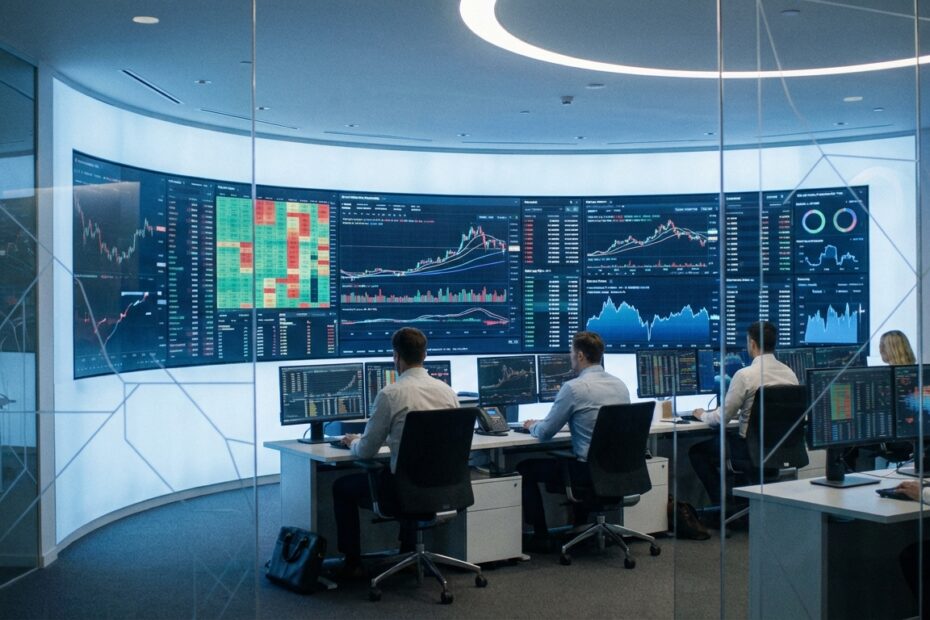 Telas de negociação financeira exibindo gráficos de criptomoedas e dados de mercado