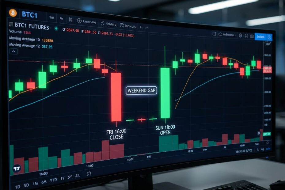 Gráfico de velas do Bitcoin futuros exibindo um gap da CME entre o fechamento e a abertura do mercado.