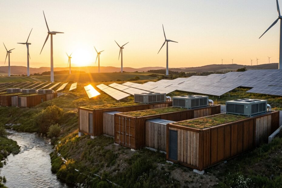 Instalação de mineração de Bitcoin utilizando energia eólica e solar em campo aberto.