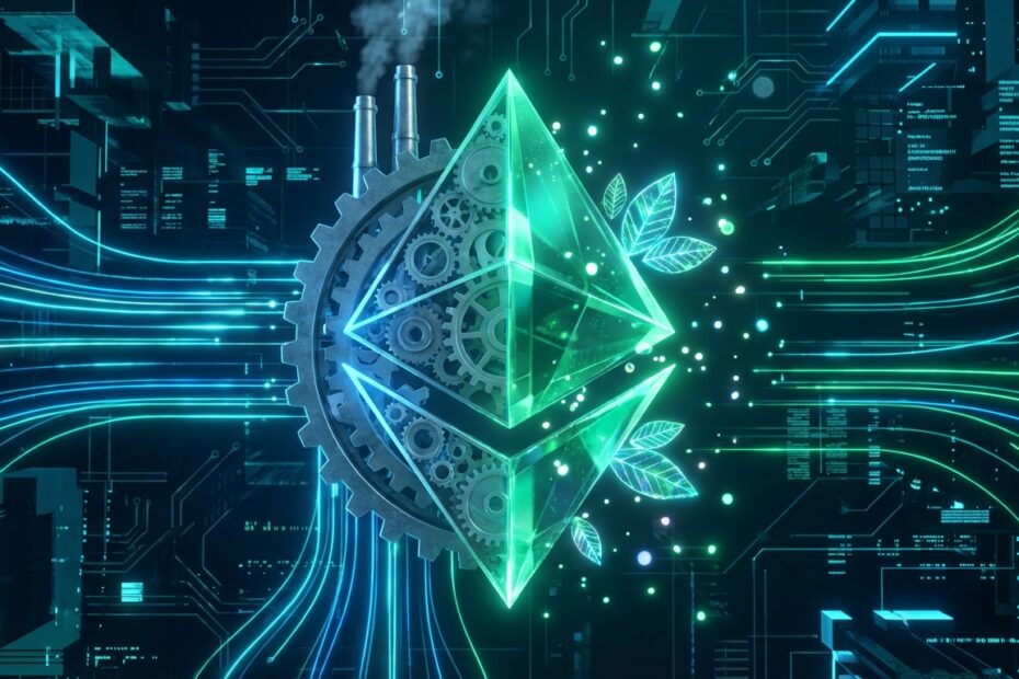 Símbolo do Ethereum brilhando em verde representando a atualização sustentável Proof-of-Stake