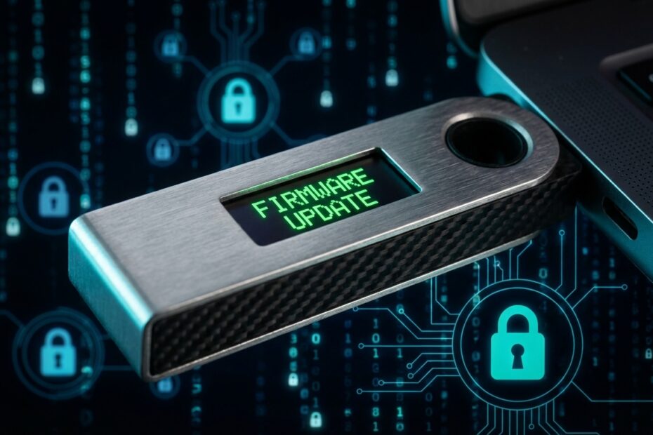 Hardware wallet conectada ao computador exibindo mensagem de atualização de firmware segura