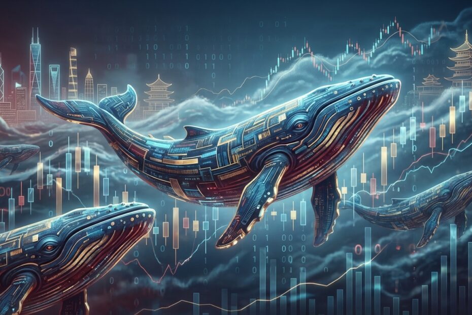 Ilustração de baleias de Bitcoin movimentando o mercado financeiro com gráficos ao fundo