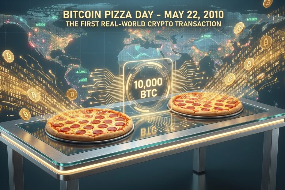 Ilustração digital representando o Bitcoin Pizza Day com pizzas se transformando em códigos e moedas de bitcoin