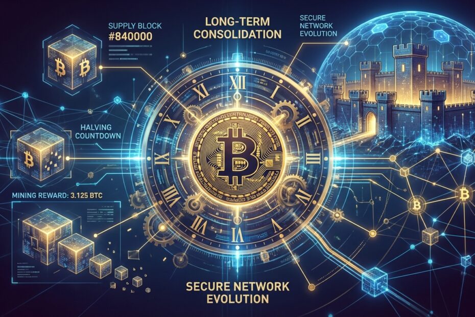 Ilustração digital representando os ciclos de halving do Bitcoin e a redução da oferta.