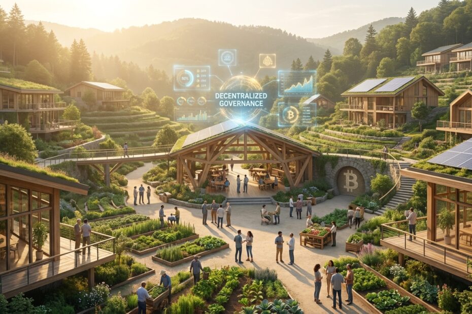 Conceito visual de uma citadela bitcoiner com arquitetura moderna e comunidade integrada