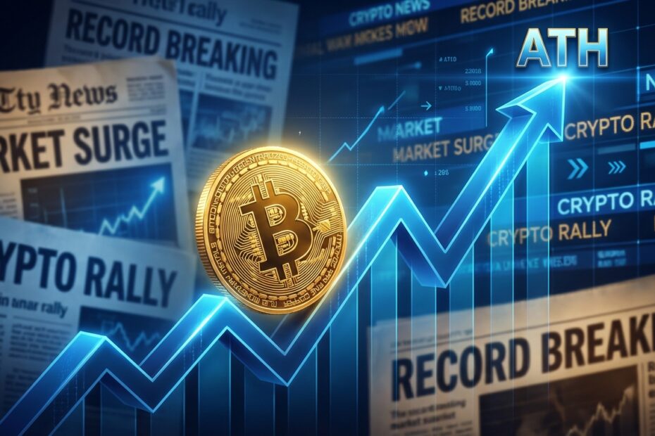 Gráfico financeiro do Bitcoin subindo em direção ao ATH com fundo de manchetes de notícias