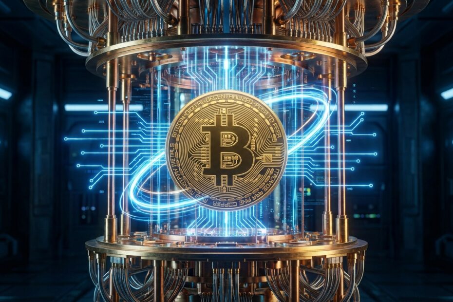 Representação artística de um processador quântico analisando a criptografia do Bitcoin