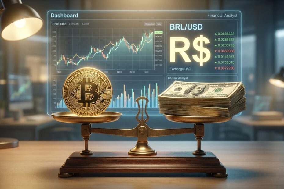 Balança financeira equilibrando Bitcoin e Dólares com gráficos de câmbio ao fundo