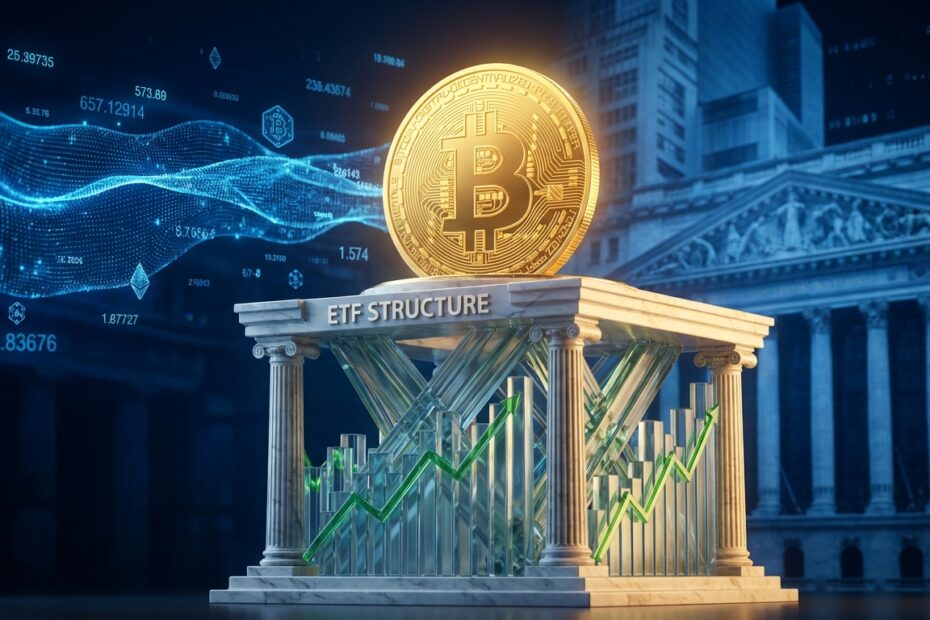 Ilustração 3D representando a integração do Bitcoin ao mercado financeiro tradicional via ETFs.