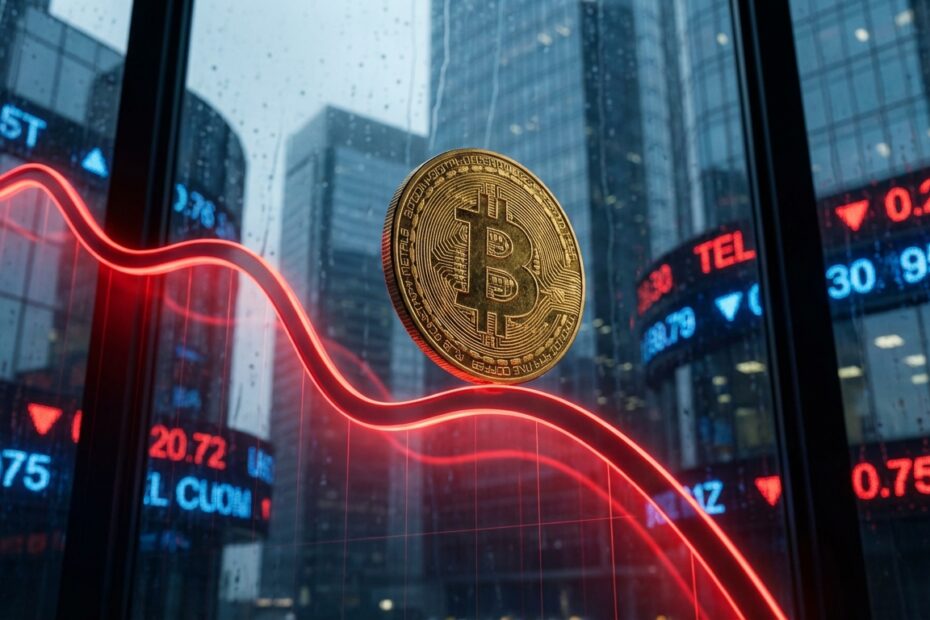 Gráfico de volatilidade financeira com moeda Bitcoin dourada e linhas de tendência de baixa em vermelho.