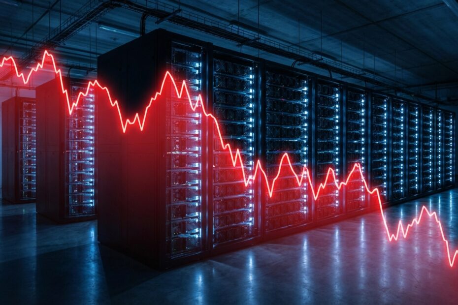 Gráfico de ações em queda sobreposto a uma instalação de mineração de Bitcoin