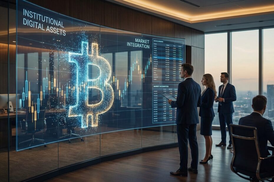 Símbolo do Bitcoin integrado a gráficos de fundos de índice no mercado financeiro