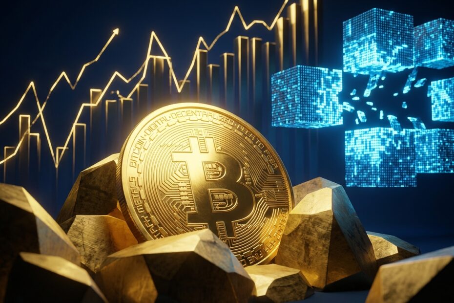 Ilustração 3D de uma moeda Bitcoin dourada simbolizando escassez digital e o processo de halving