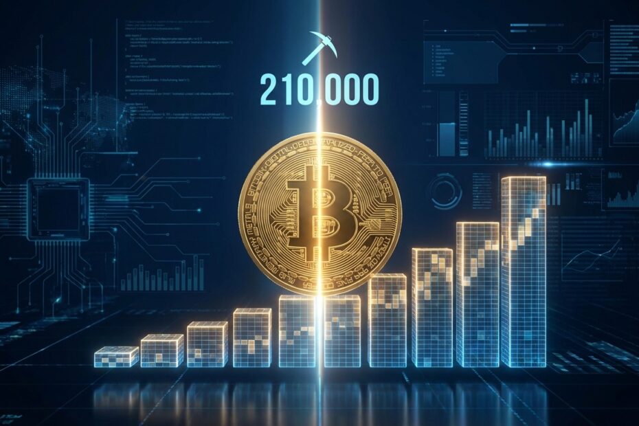 Gráfico financeiro com Bitcoin dourado representando o halving e ciclo de alta