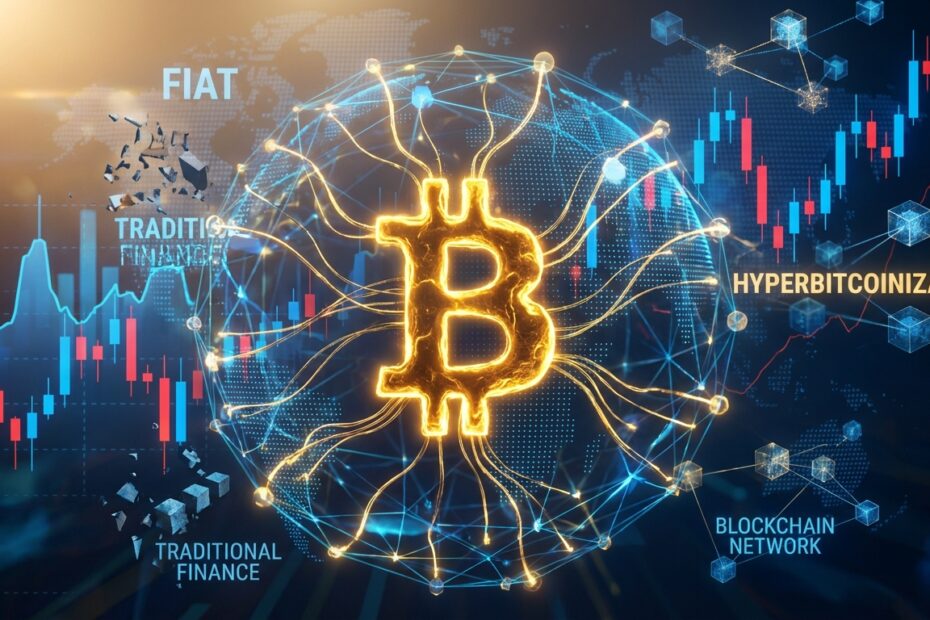 Ilustração 3D representando a hiperbitcoinização e o Bitcoin como centro da nova rede financeira global.
