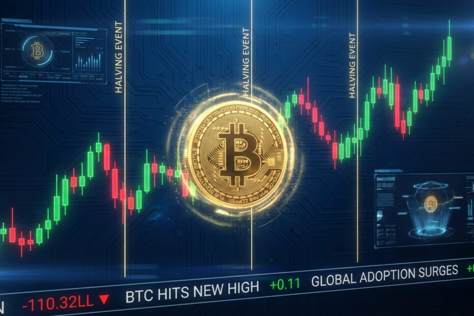 Gráfico financeiro ilustrando o impacto histórico do halving na cotação do Bitcoin
