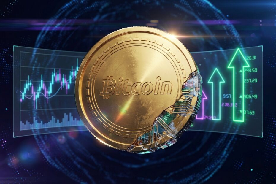 Ilustração 3D de um Bitcoin dourado com gráficos de alta ao fundo representando o halving