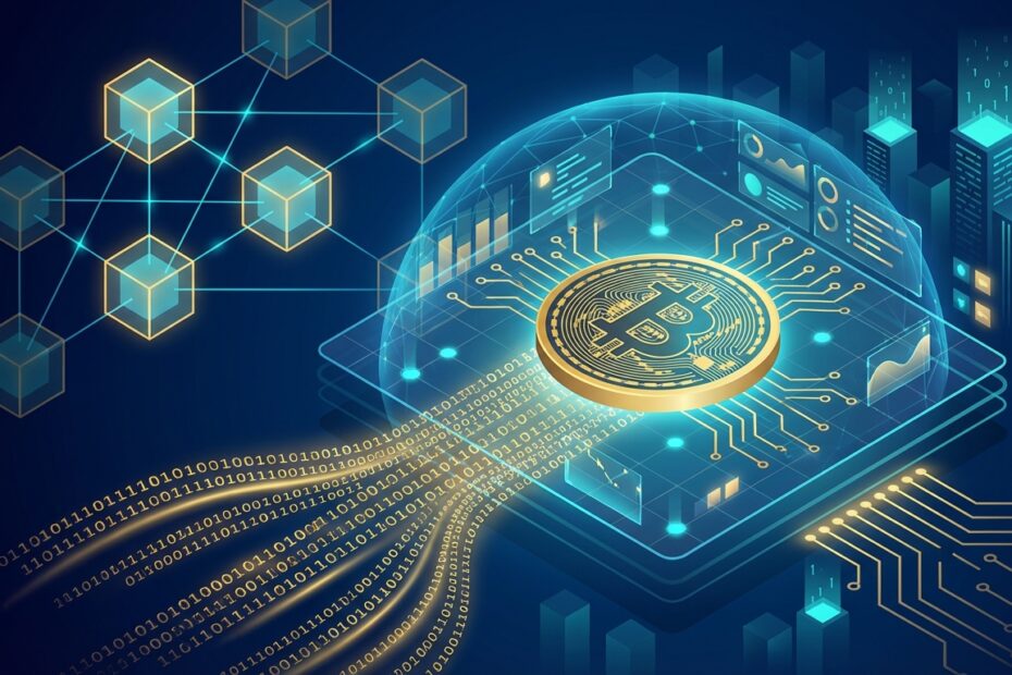 Ilustração digital futurista mostrando a convergência entre Bitcoin, tecnologia blockchain e dados de mercado