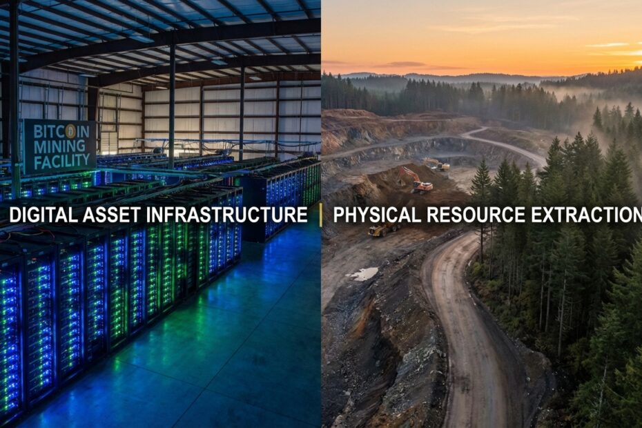Servidores de mineração de Bitcoin em operação contrastando com elementos da natureza e recursos minerais.