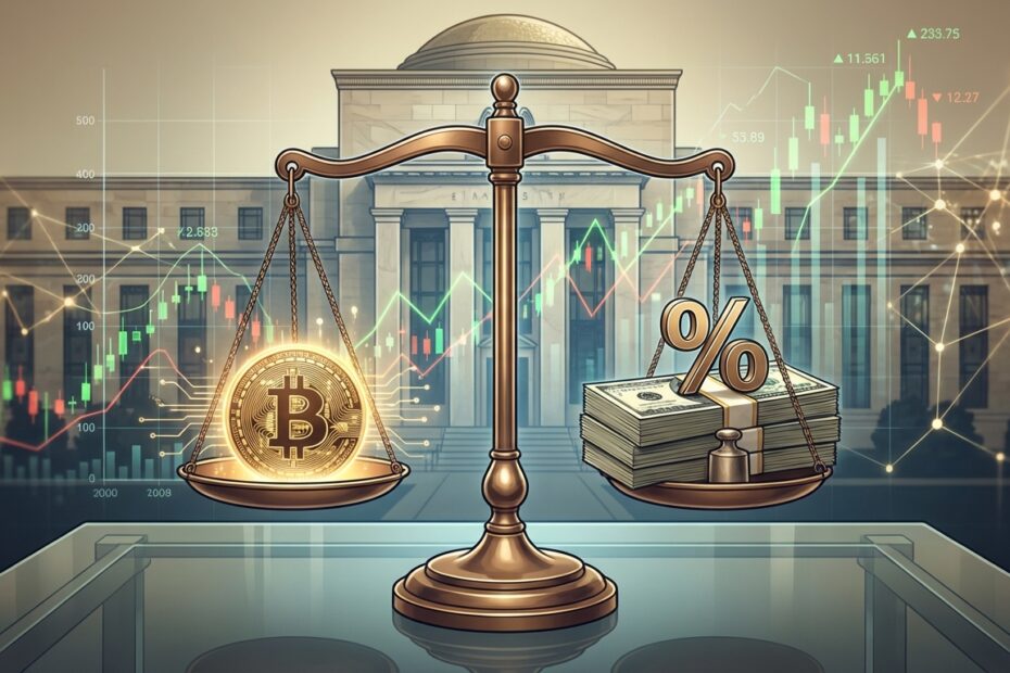 Balança equilibrando Bitcoin e taxas de juros do Fed com gráfico financeiro ao fundo