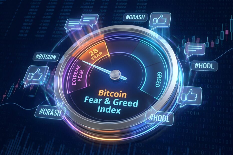 Ilustração 3D de um medidor digital do Índice de Medo e Ganância do Bitcoin sendo influenciado por ícones de redes sociais.