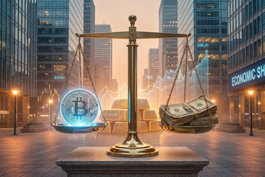 Balança financeira equilibrando Bitcoin e Dólar com barras de ouro ao fundo