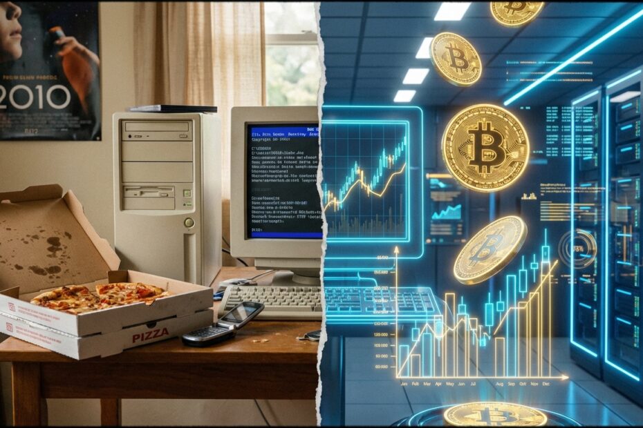 Ilustração comparativa mostrando a evolução do valor das pizzas compradas com Bitcoin em 2010 até o mercado atual