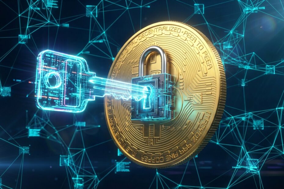 Ilustração de uma chave privada digital protegendo Bitcoins em uma rede blockchain segura.