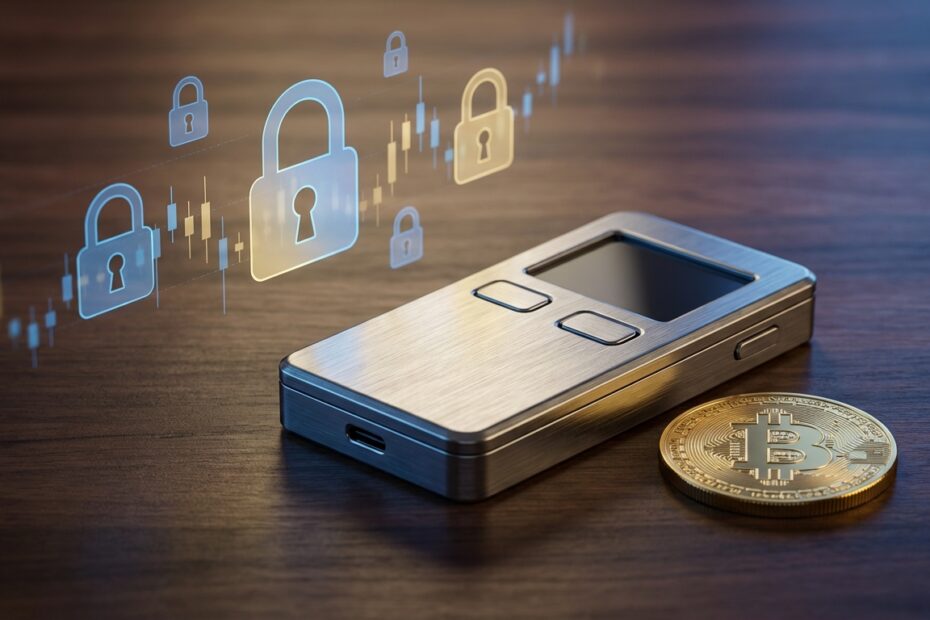 Carteira de hardware para custódia própria de Bitcoin ao lado de moeda física representando reserva de valor