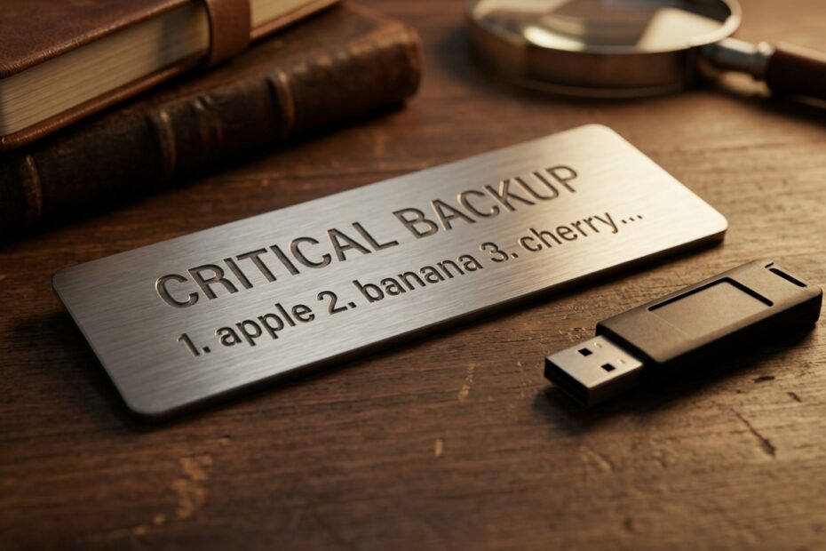 Placa de metal com frase de recuperação gravada ao lado de uma carteira hardware de Bitcoin sobre mesa de madeira