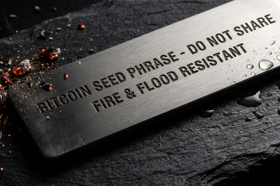 Placa de aço inoxidável com seed phrase gravada resistindo a fogo e água