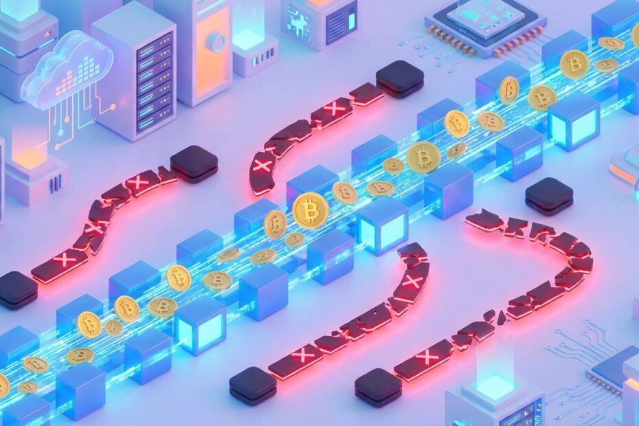 Ilustração 3D de moedas Bitcoin trafegando pela rede blockchain correta com segurança