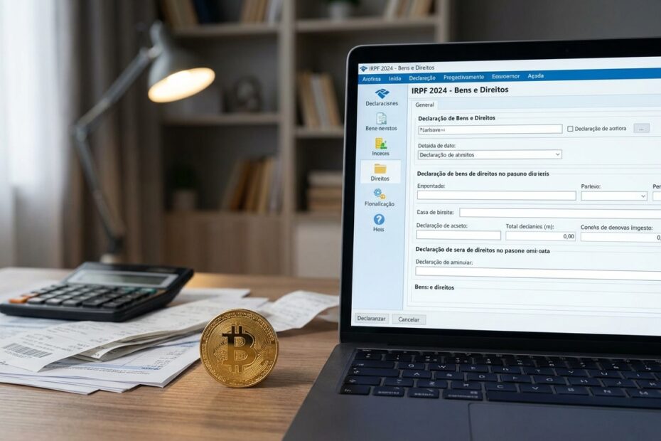 Tela de computador exibindo programa do Imposto de Renda com moeda física de Bitcoin sobre a mesa