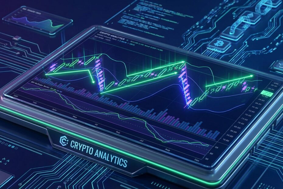 Gráfico de análise técnica de criptomoedas exibindo indicadores de entrada no mercado