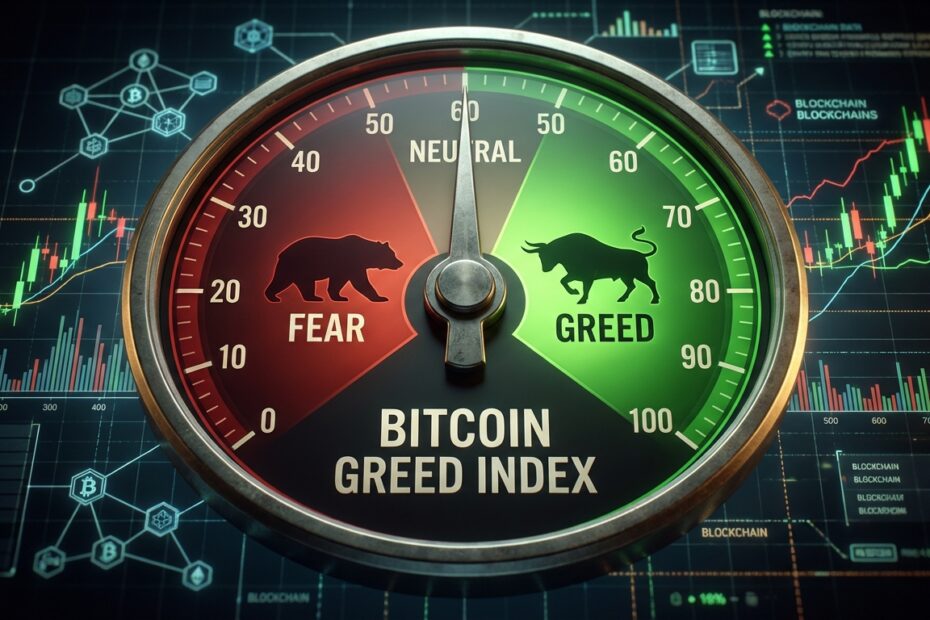 Ilustração do medidor do Índice de Medo e Ganância do Bitcoin oscilando entre zonas vermelhas e verdes