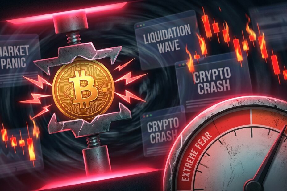 Bitcoin em cenário de queda com gráficos vermelhos e indicador de medo extremo