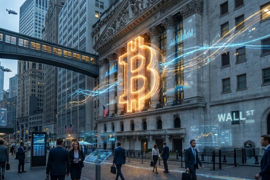 Fusão entre o Bitcoin e a arquitetura de Wall Street representando a integração via ETFs